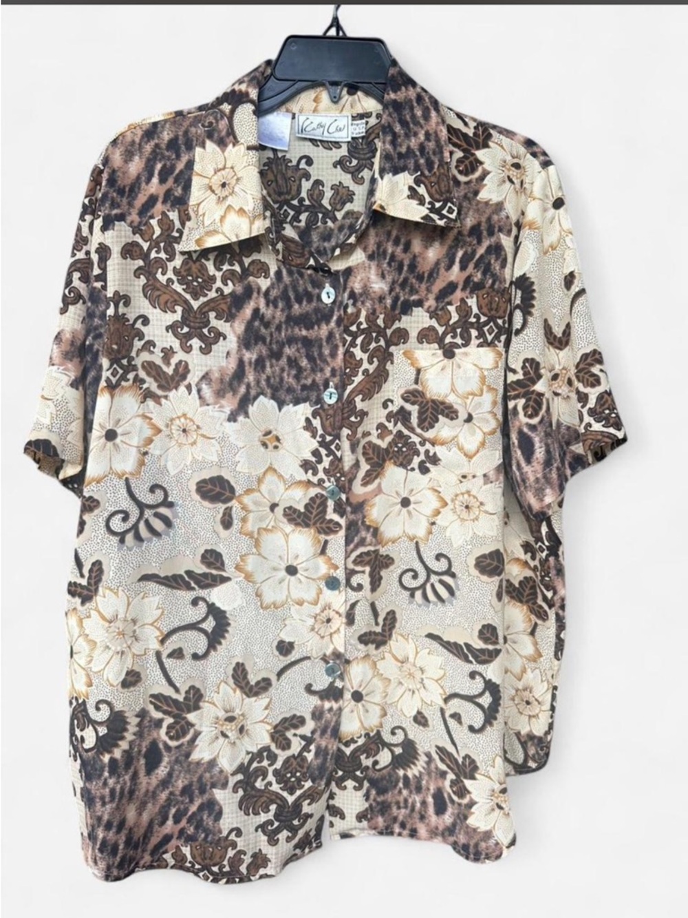 Leisure Floral & Animal-Print Short Sleeve Button-Down Shirt - Brown/Cream